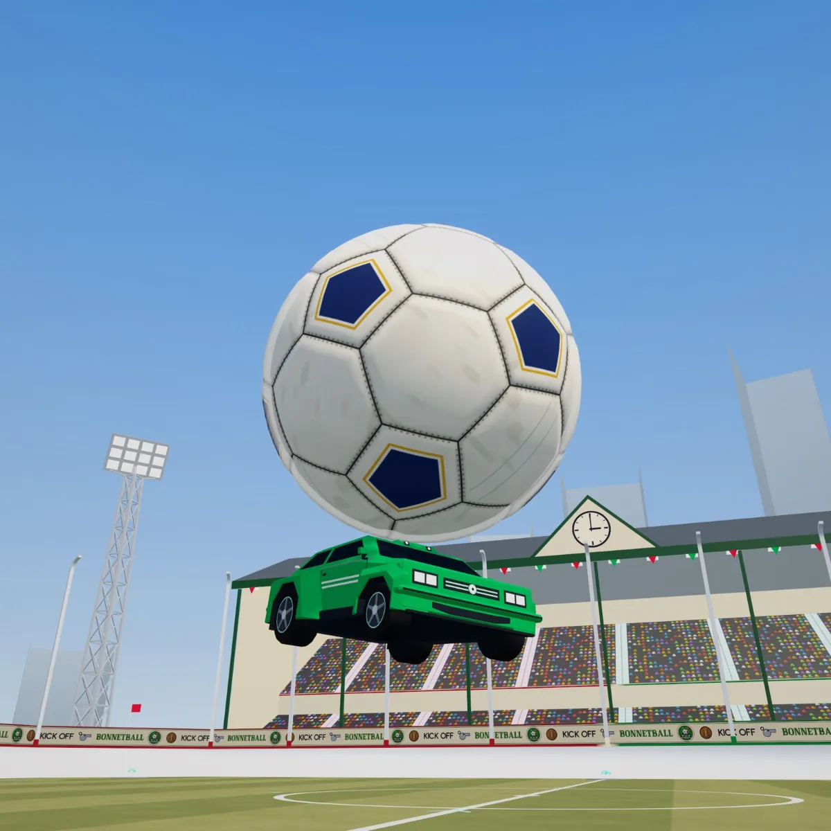 VECTOR in green home kit leaping with the match ball on its bonnet, in front of the main stand