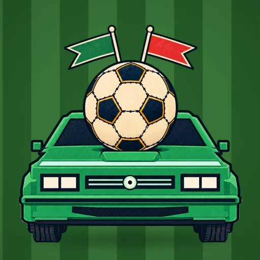 The BonnetBall app icon: a green retro car with the match ball on its bonnet and green and red pennants, on a striped pitch