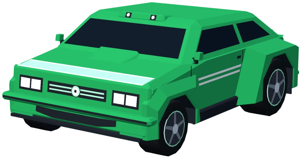 VECTOR, a boxy rally hatchback in green home kit, from the front three-quarter