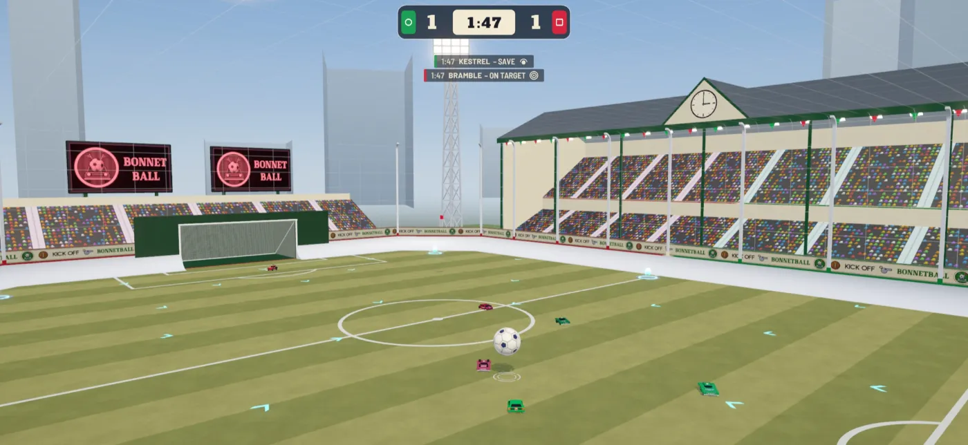A 3v3 match at 1–1 with 1:47 left: green and red cars round the cream match ball, with the gabled main stand and its clock on the right and a floodlight pylon behind the far goal