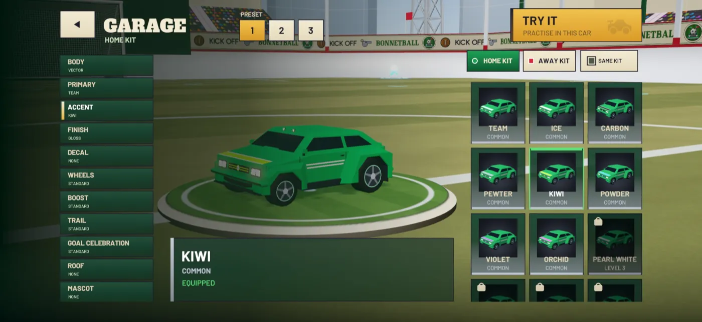 The garage: VECTOR in its green home kit on a painted plinth, with the list of customisation slots, a grid of accent paints and the home and away kit chips