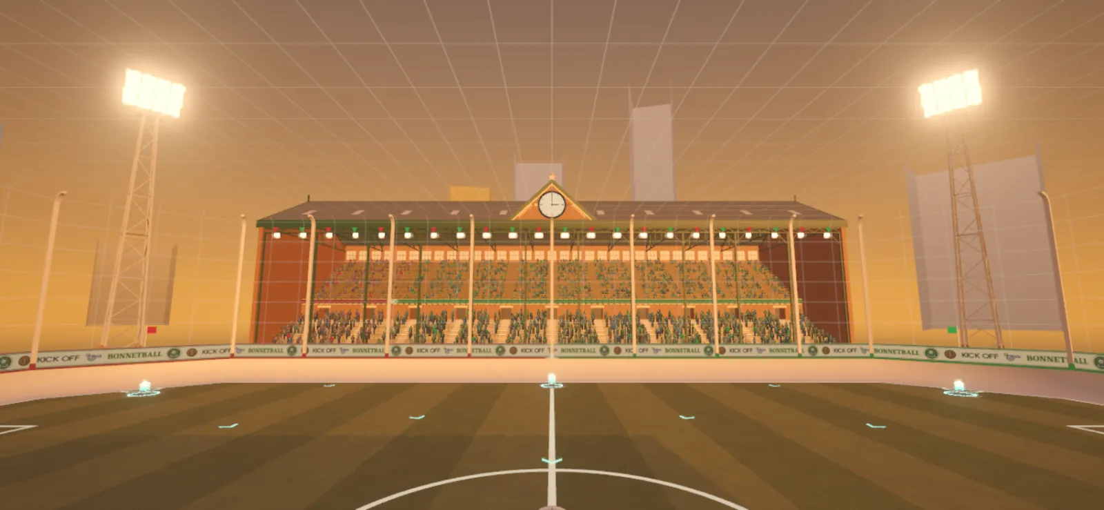 BONNET PARK’s main stand at sunset, with the floodlights on