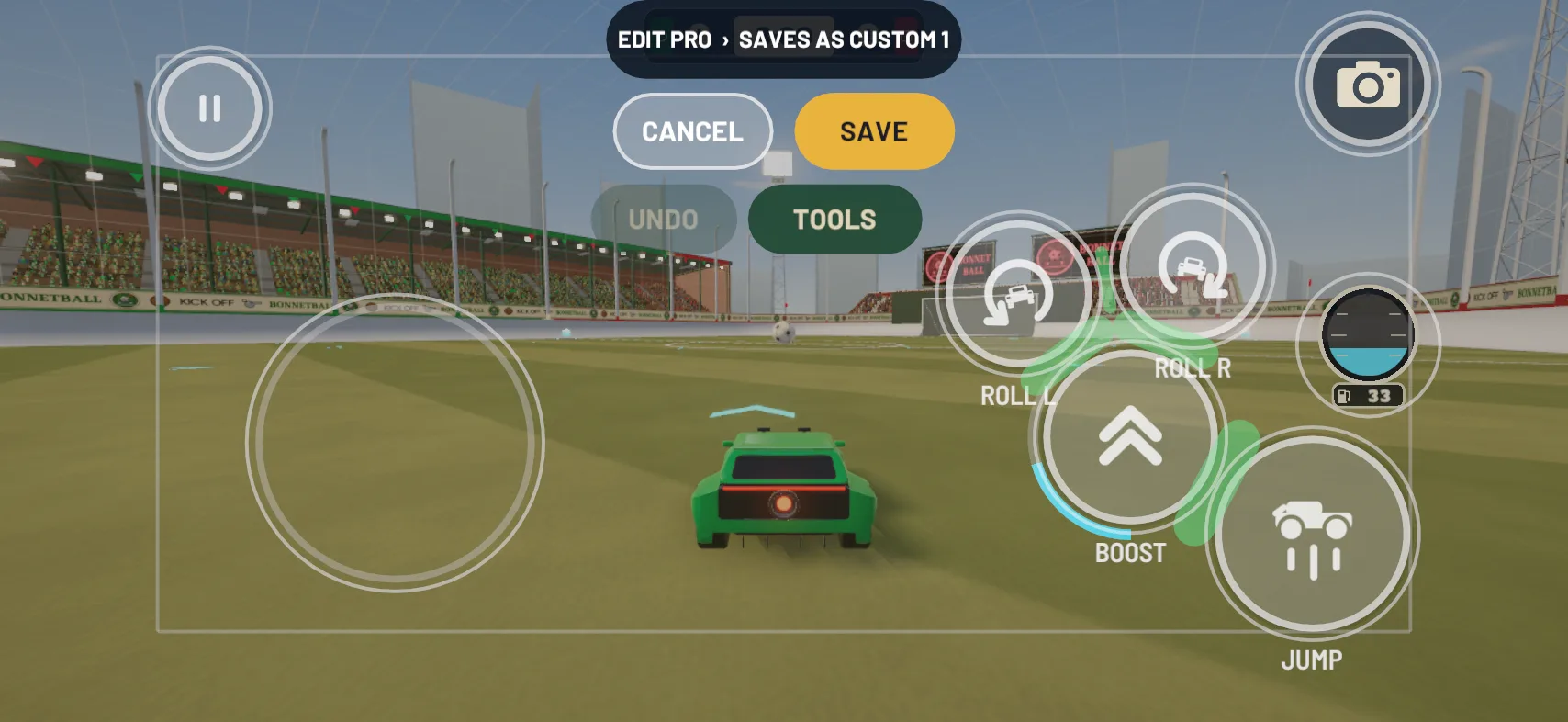 The layout editor during a match: EDIT PRO, saves as CUSTOM 1, with CANCEL, SAVE, UNDO and TOOLS