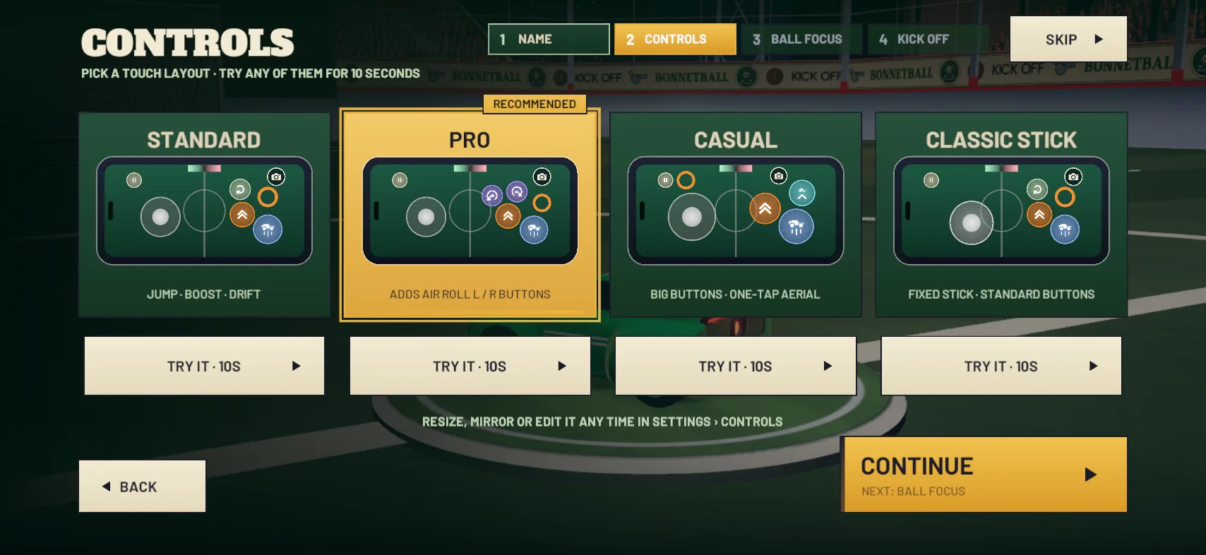 The CONTROLS screen: STANDARD, PRO, CASUAL and CLASSIC STICK, each with TRY IT