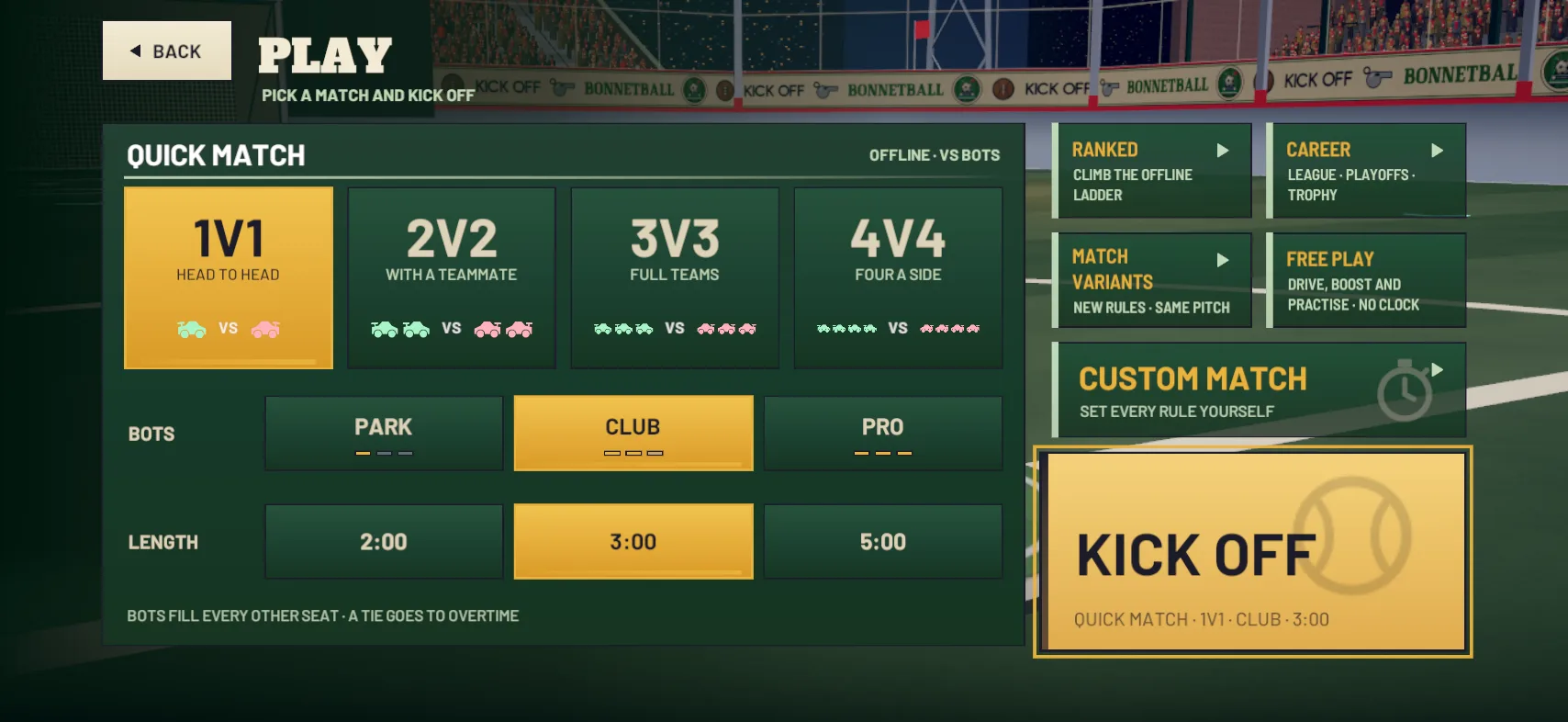 The PLAY screen, marked OFFLINE · VS BOTS: quick match, ranked, career, match variants, free play and custom match