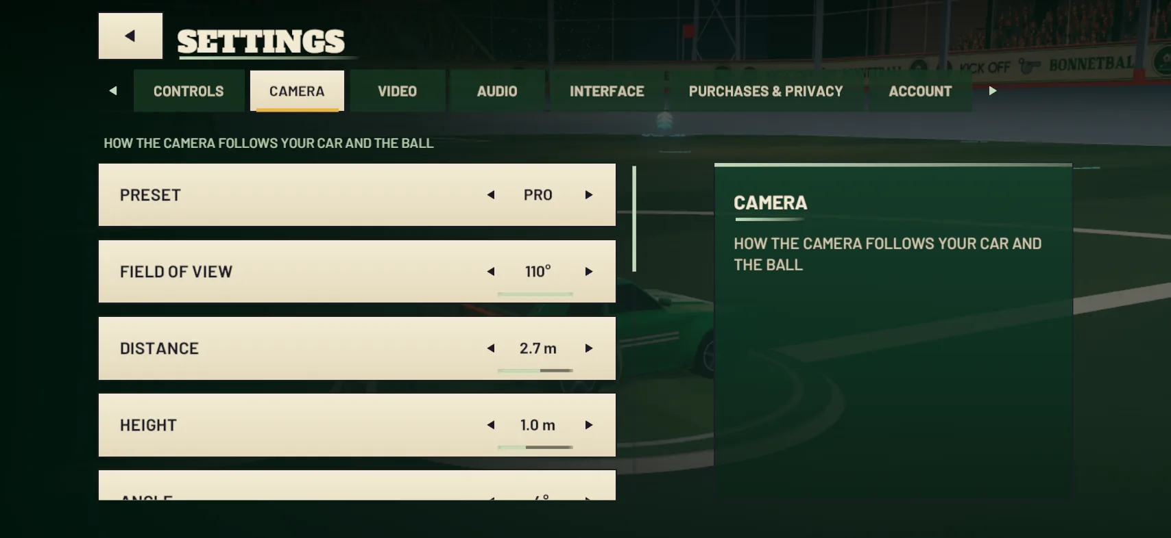 Settings › Camera: preset, field of view, distance and height