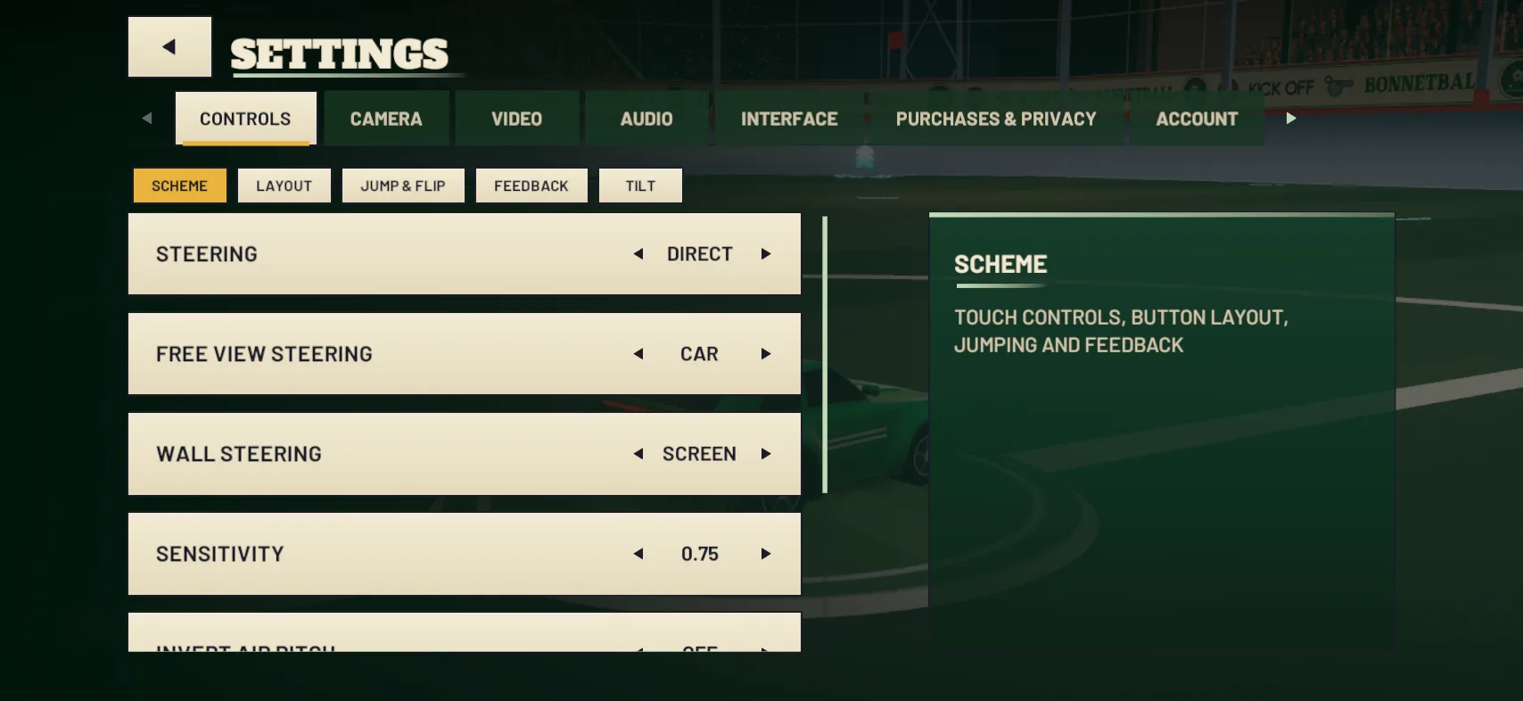 Settings › Controls › Scheme: steering, free-view steering, wall steering and sensitivity