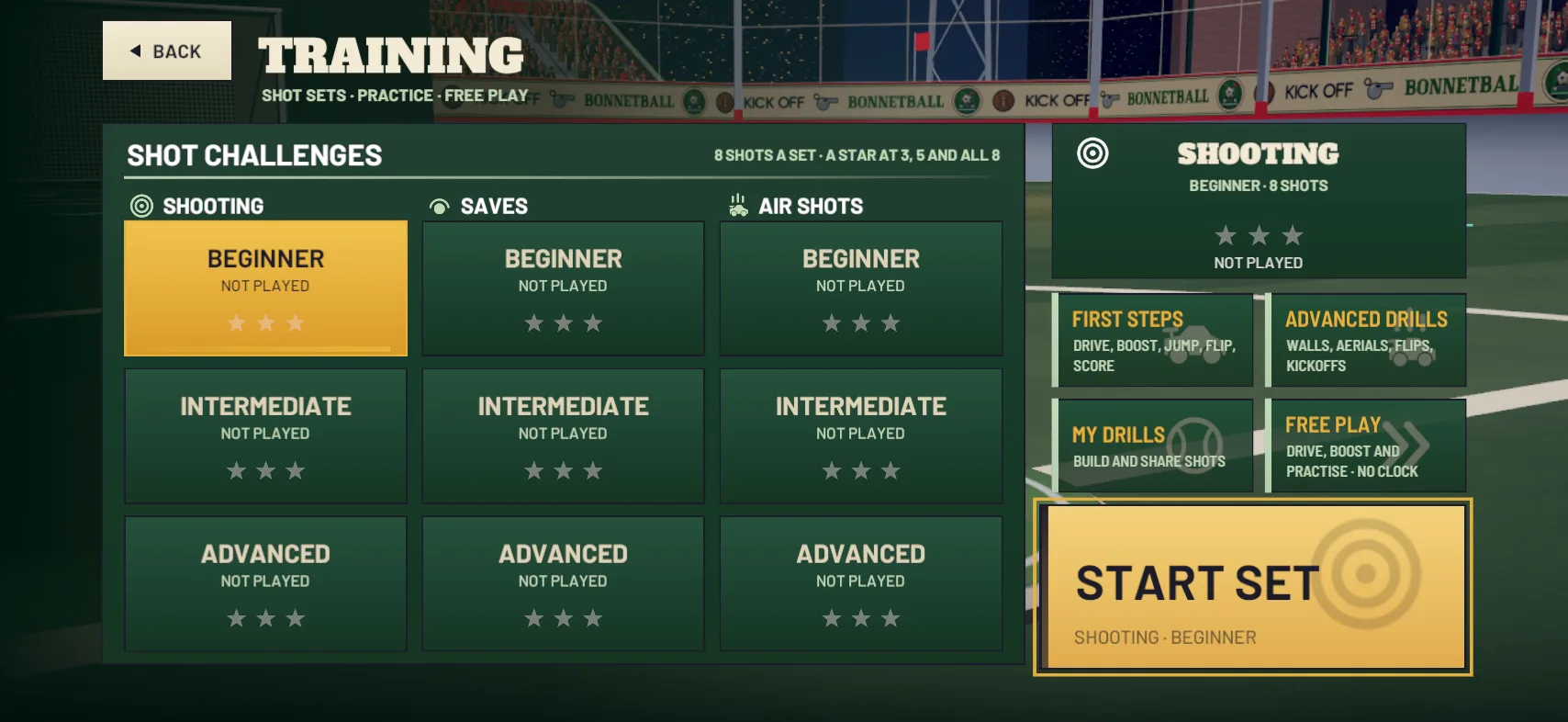 TRAINING: shot challenges, with SAVES at BEGINNER, INTERMEDIATE and ADVANCED