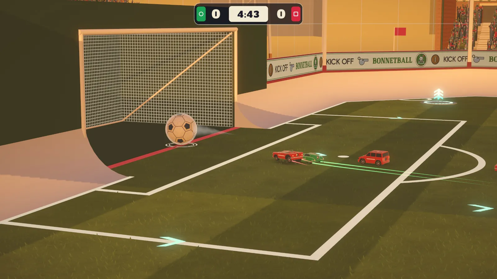 The ball crosses the line into the net at BONNET PARK at sunset, as red and green cars chase in