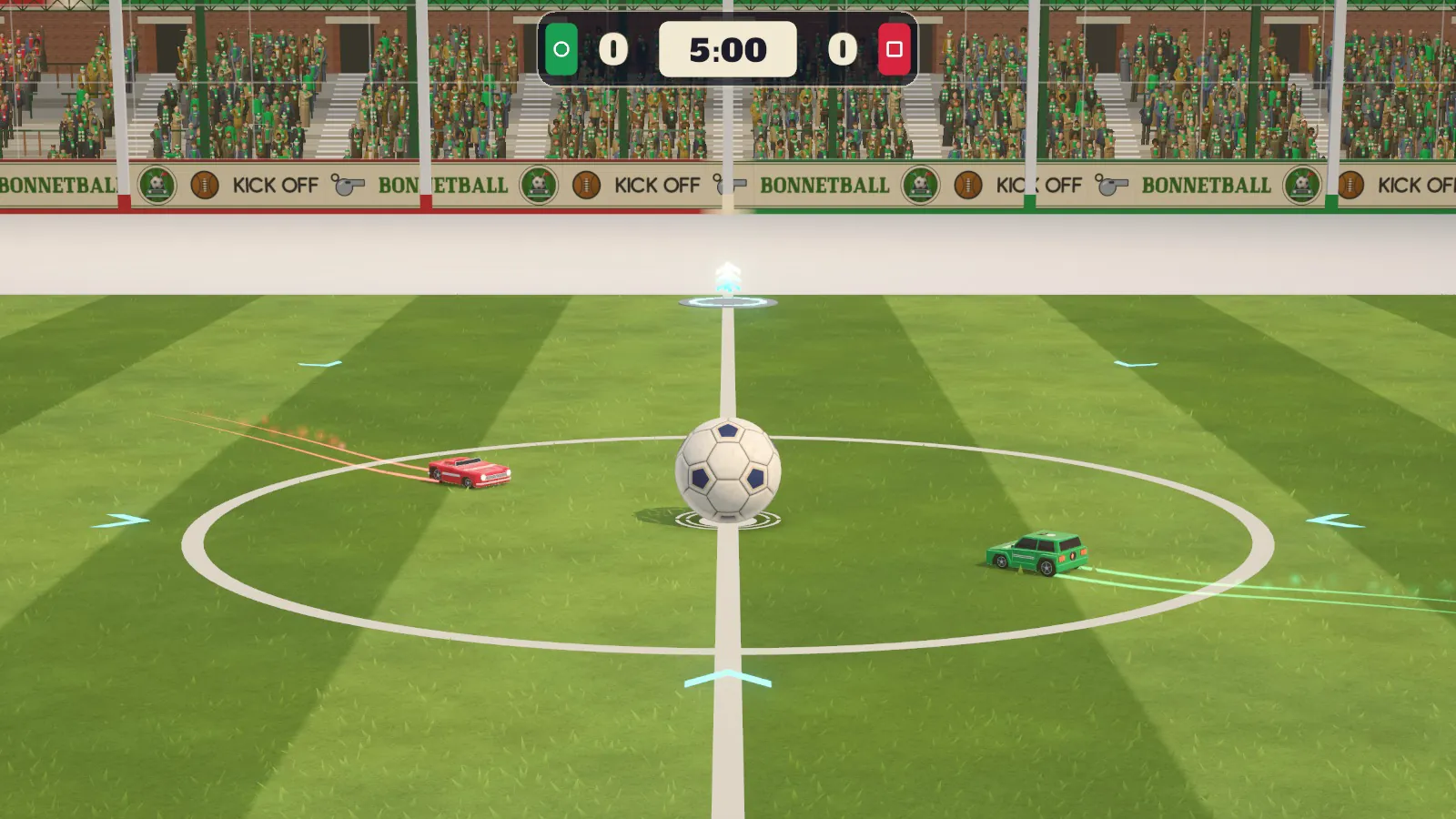 Kick-off at BONNET PARK: a green car and a red car race in towards the ball on the centre spot