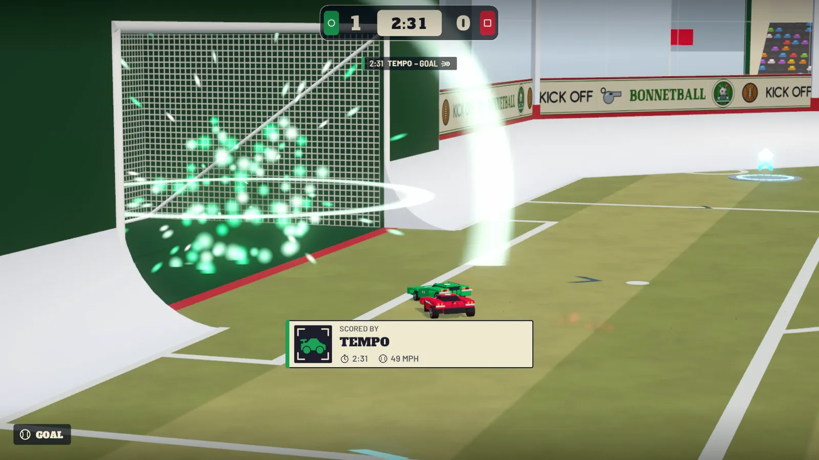 A HOME goal: green sparks burst in the net and the scorer banner comes up