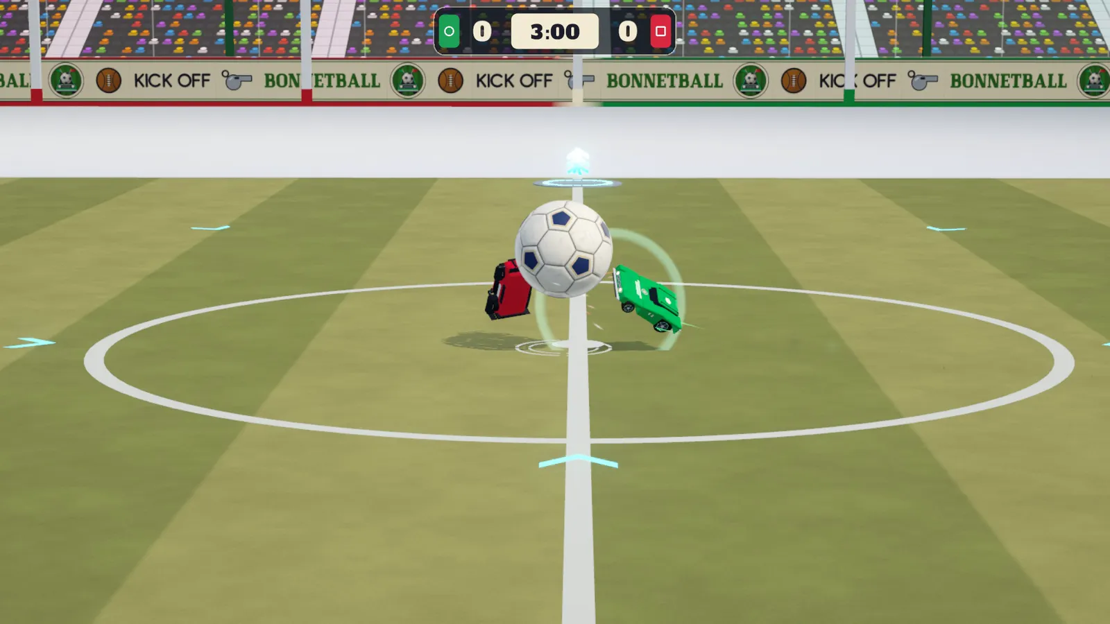 Kick-off: green and red cars meet the ball in the centre circle