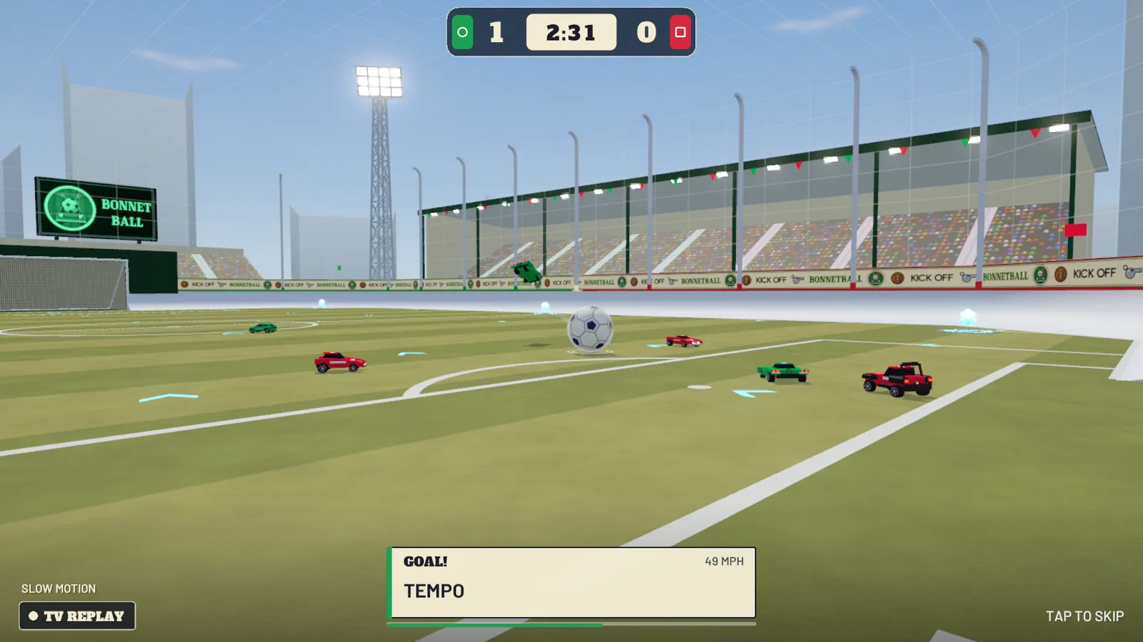 The game's slow-motion TV replay of a goal, from the side of the net